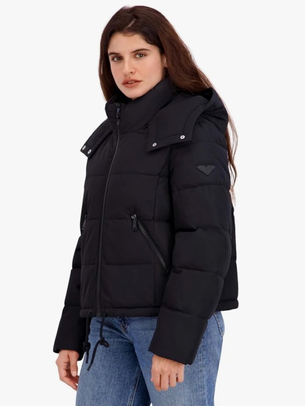 New NWT Roxy Ellie Cropped Hooded Puffer Jacket L Juniors Black $160
